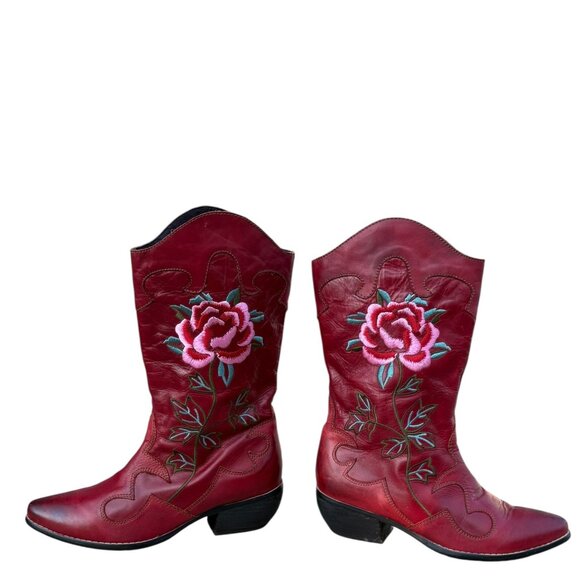 L'Artiste Women's Red Rose Embroidered Leather Boots Size 7.5 / 8 - Picture 3 of 15